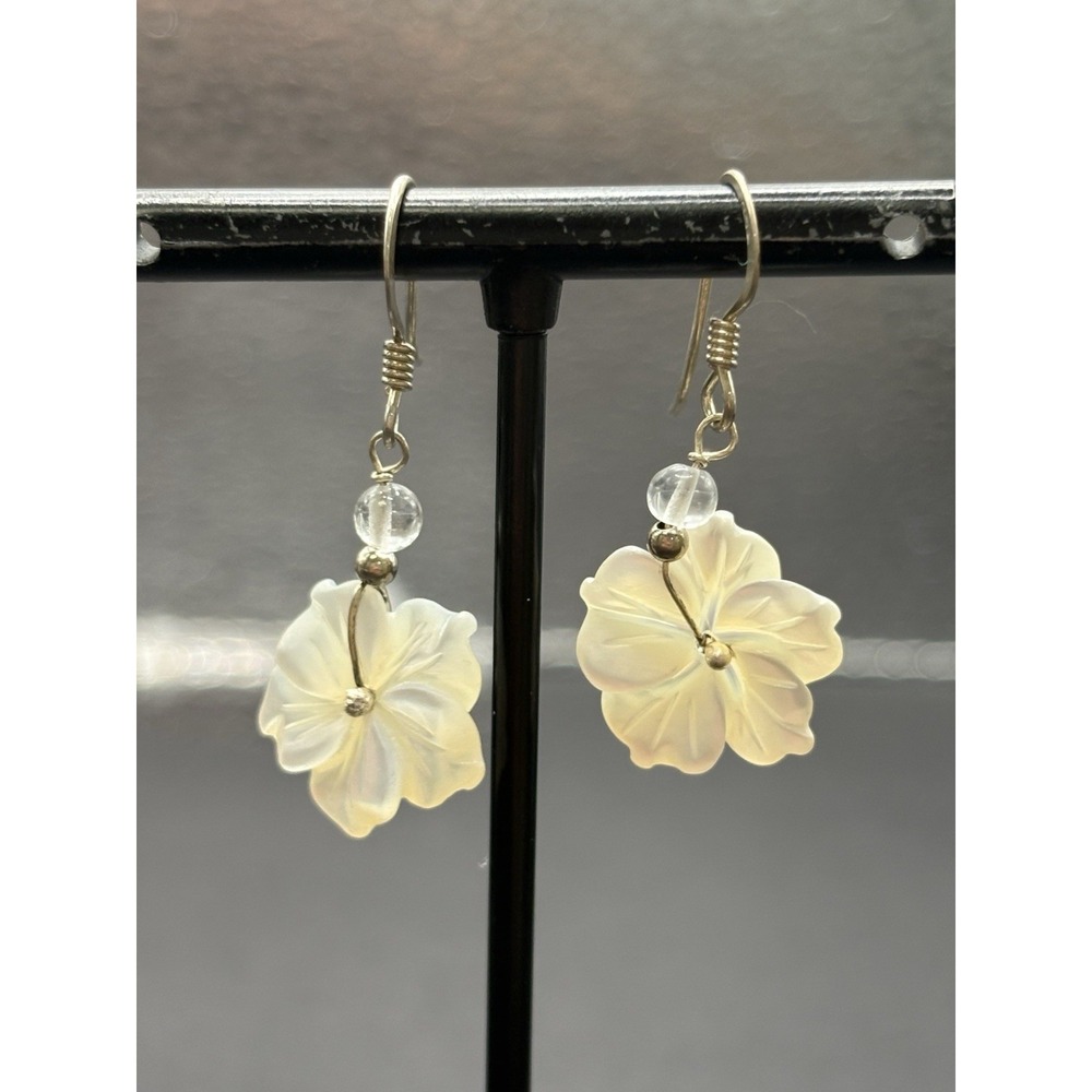 Vintage Sterling Silver Carved Mother Pearl Flower Dangle Earrings 925 H24